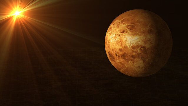 Planet Venus Illuminated by a Bright Sun with Lens Flare star light