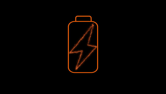Orange outline of a battery with a fiery lightning bolt inside on black charge power