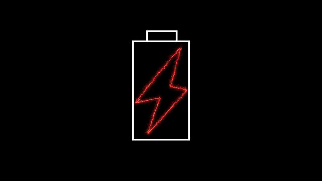 White battery outline with a red fiery lightning bolt symbol on black charge power