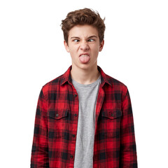 Obraz premium Funny teenage boy transparent background silly face tongue playful portrait Youth in a red plaid shirt crosses his eyes and sticks out his tongue for humor mischief comedy and lighthearted campaigns