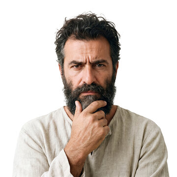 Thoughtful bearded man transparent background thinking portrait contemplation decision pensive Mature adult rests a hand on his chin in thought for problem solving strategy doubt and planning concepts