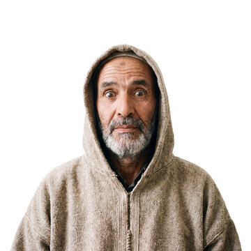 Older man transparent background hooded djellaba traditional clothing portrait surprised Gray bearded adult faces forward with wide eyes in a beige robe for apparel character and heritage concepts