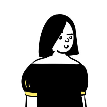 Minimalist illustration of a woman with a skeptical and unimpressed facial expression wearing a black off-the-shoulder top