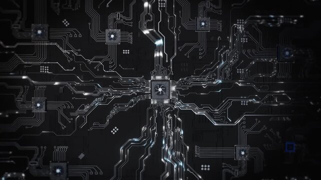 Silver traces spread array of chips circuit surface, digital processing. for machine learning, edge computing, network architecture, electronics, engineering, cyber systems, and innovation themes.