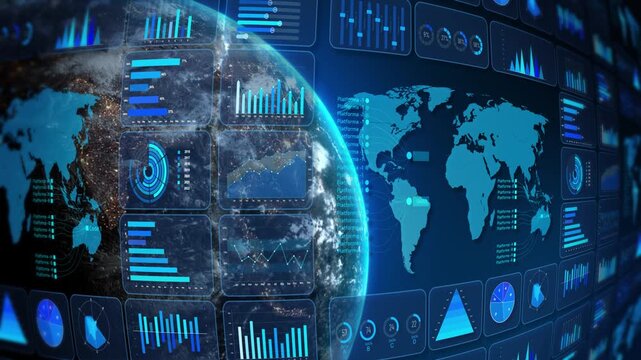 world interface planet, regional map, charts metrics reports across screens. enterprise analytics, economic monitoring, international business, planning, forecasting, presentations, 19 media