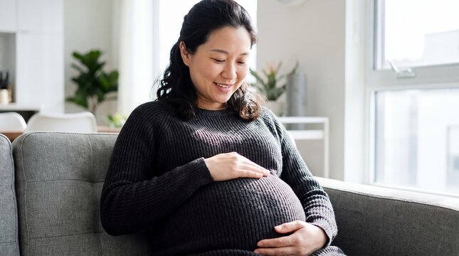 Pregnant asian woman baby bump home maternity prenatal calm motherhood An East Asian expectant mother sits on a sofa and cradles her abdomen with a peaceful smile for healthcare advertising