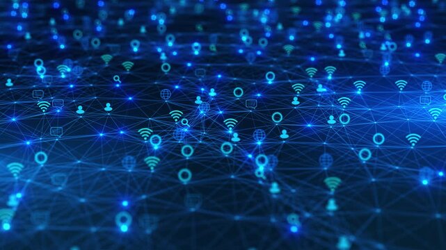 Connected user communication icons spread radiant blue mesh, online ecosystem. digital community, remote teamwork, wireless service, audience growth, marketing, messaging, connectivity, technology.