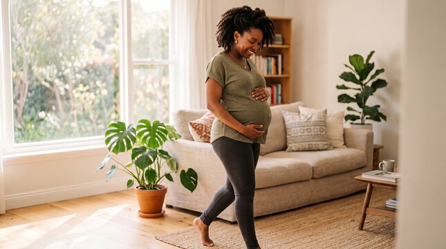 Pregnant black woman walking exercise baby bump maternity prenatal home A Black expectant mother moves gently through a bright living room while holding her abdomen for healthcare advertising