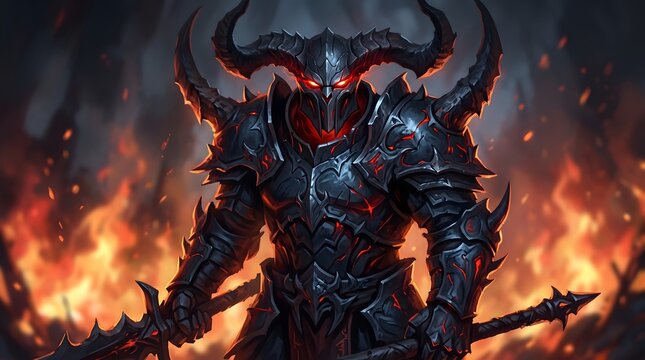 Armored demonic warrior holding a spiked mace standing in raging flames
