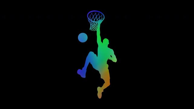 Colorful abstract patterns of basketball slam dunk by a male athlete, alpha channel, looping
