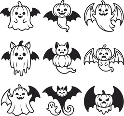 Obraz premium Cute Halloween ghost and pumpkin bat icon set