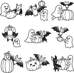 Obraz premium Cute Ghost Bat and Pumpkin Halloween Icon Set
