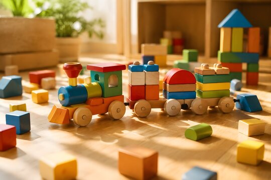 Colorful Wooden Train Toys with Tiny Blocks on Sunlit Floor Create Cheerful Childhood Memory Scene