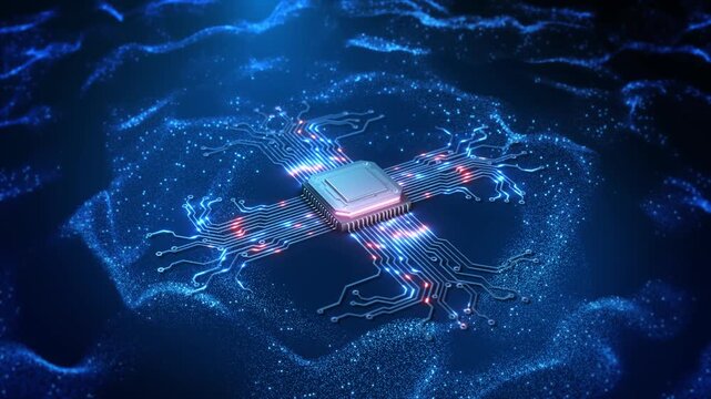 Glowing circuit branches extend chip waves of blue particles, futuristic computing . generative intelligence, data center, hardware, algorithms, digital transformation, engineering, science media.