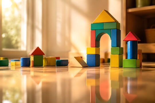 Colorful Wooden Blocks Reflected on Polished Floor in Soft Afternoon Light Nostalgic Childhood Memory Scene