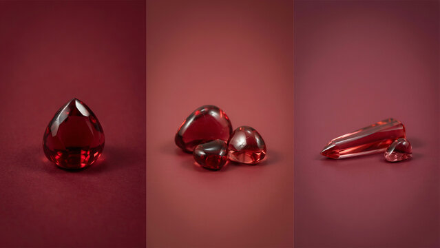 Dark red polished gemstones and crystal drops in three vertical compositions