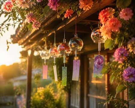 Colorful wind chimes hanging beneath a flowering porch Nature Lifestyle Stock Photography for Creative Campaigns