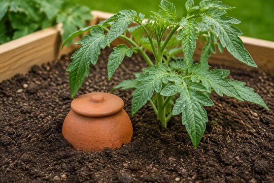 Terracotta irrigation olla beside a young tomato plant