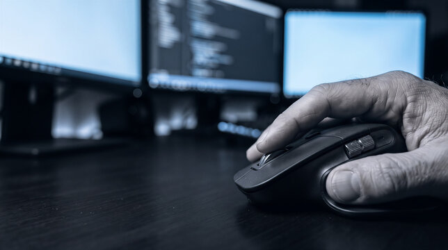 Hand operating a computer mouse with multiple monitors in background
