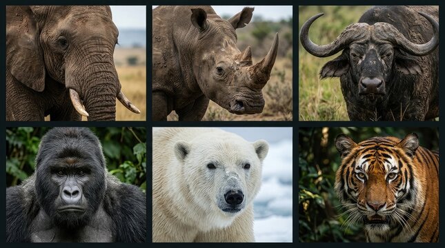 A captivating visual exploration of the animal kingdom showcasing diverse species in their natural habitats from majestic tigers to playful gorillas and polar bears