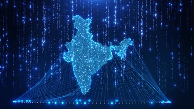 India neon network map signals, particles, binary information. infrastructure, smart cities, economic development, fintech, cloud services, digital transformation, data analysis, technology news.