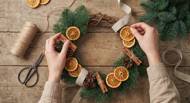 Woman making a handmade Christmas wreath with dried oranges, cinnamon sticks, and pine branches on a wooden table.