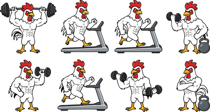 Muscular Chicken Mascot Icon Set Exercising in Gym with Barbells Dumbbells and Treadmills for Fitness Logos Gym Branding and Sports Cartoon Graphics