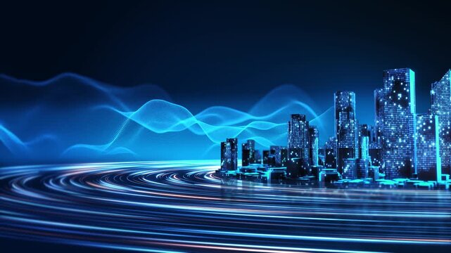 Bright particle waves modern city as light paths rapid digital movement. connected cities, mobility, wireless networks, data , economic growth, corporate media, 19 intros, urban development.