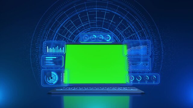 Dashboards performance metrics frame a laptop display for green screen content. market analytics corporate KPI monitoring, demonstrations, software advertising, research digital business presentations