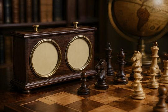 Vintage wooden chess clock with completely blank faces Nostalgic Lifestyle Stock Photography for Creative Campaigns