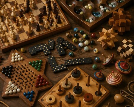 Retro Game Night Table with Chess Dominoes Marbles Wooden Puzzles and Spinning Tops for Families
