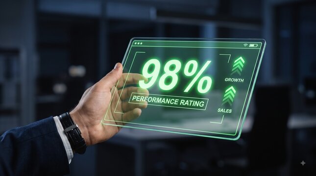 Businessman holding a transparent holographic tablet showing a ninety eight percent performance rating with businessman hand transparency screen future technology business analytics corporate perf