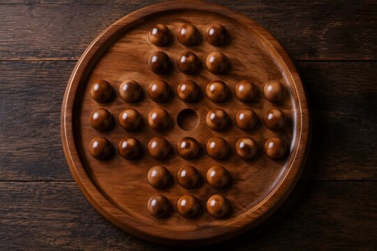 Vintage Peg Solitaire Board with Polished Wooden Marbles Mid Puzzle for Classic Strategy Game Collectors