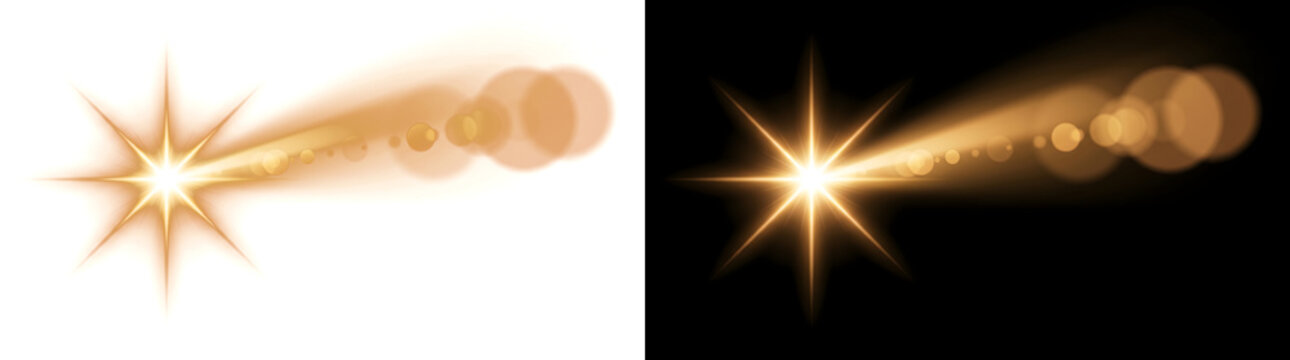 Golden star bursts with a bright sparkling flare trailing bokeh light across black, perfect for overlay effects in PNG, Transparent and Black Background Versions