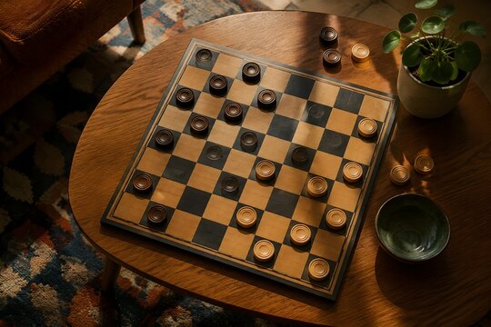 Retro Checkerboard with Wooden Pieces in Dynamic Pattern on Mid Century Coffee Table for Games