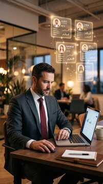 Man in suit working on laptop with digital employee profiles above, symbolizing business networking and team management in a modern office.
