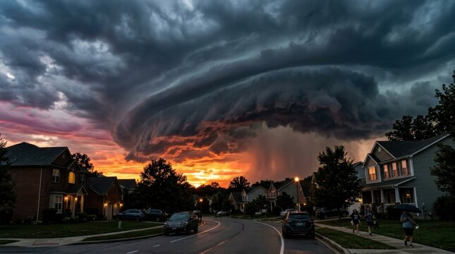 dramatic shelf cloud approaching suburban neighborhood during sunset storm weather