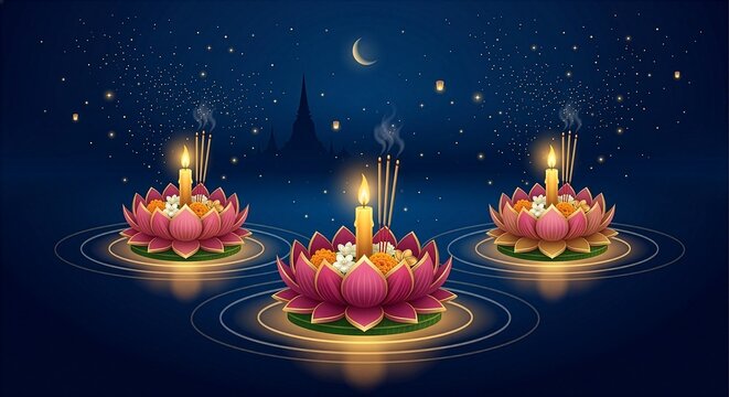 Minimal Luxury Loy Krathong Floating Candle Illustration