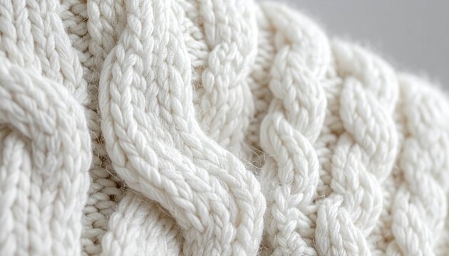 Close-up of Soft White Cable Knit Sweater Texture for Warm Winter Clothing
