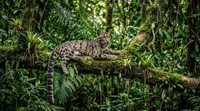 rare majestic clouded leopard resting inside natural green rainforest habitat