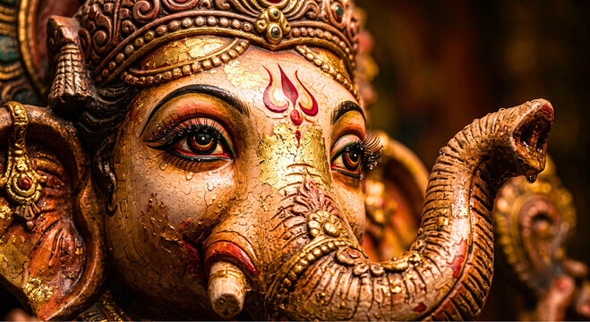 The Divine Ganesha: A highly detailed, ornate depiction of the Hindu deity Ganesha, showcasing his elephantine features, intricate headdress, and divine presence.