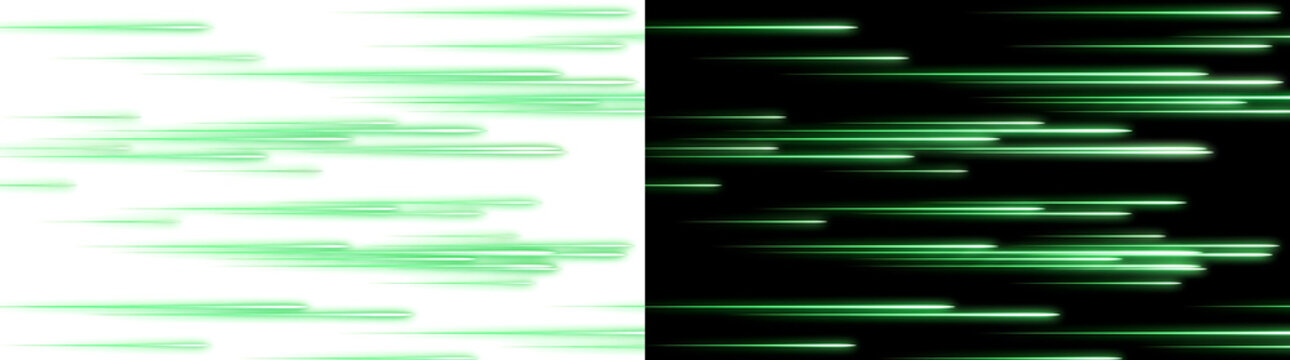 Green neon speed streaks blaze across a black background in a fast multiline motion pattern, ideal for digital design in PNG, Transparent and Black Background Versions