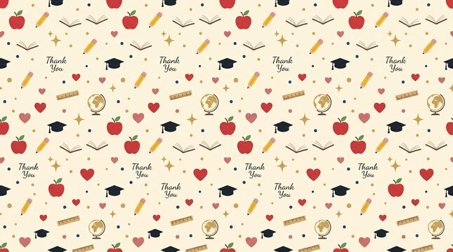 Teacher appreciation seamless pattern, school supplies and red apple background, thank you message for graduation and education