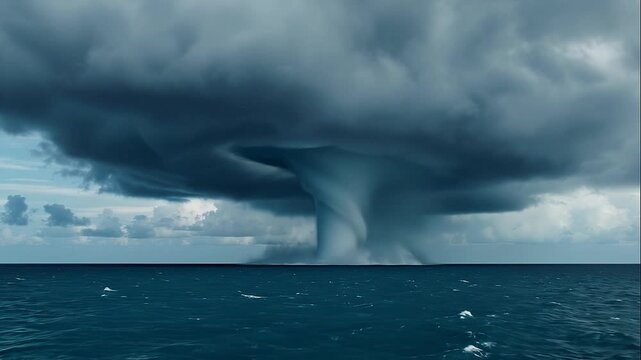 A realistic cinematic waterspout forming between a storm cloud and tropical ocean surface, illustrating extreme weather, atmospheric phenomena, marine environments, and natural hazards.