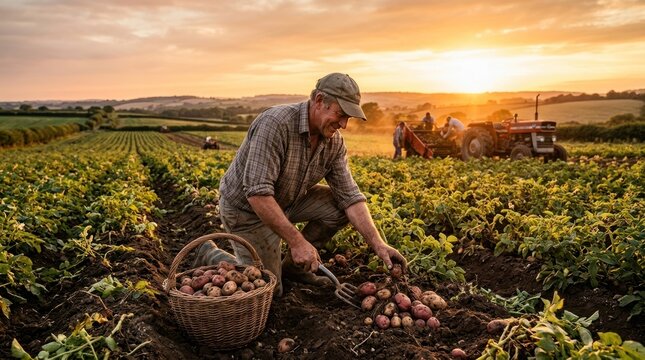 farmer harvesting fresh potatoes in agricultural field at golden sunset