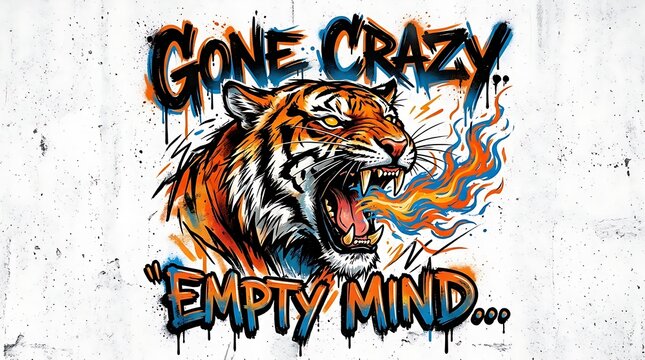 Fierce tiger head illustration with colorful graffiti style dripping paint and text gone crazy empty mind design