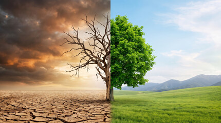 Obraz premium Barren dry grass field contrasts cracked earth with green landscape beside split tree. Global warming climate change disaster. cracked parched arid drought, dead meadow pasture heat