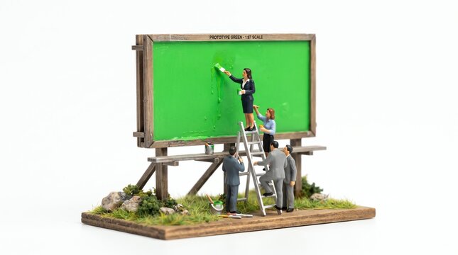 Miniature business people painting green screen billboard, tiny workers on ladder with blank advertising sign, creative marketing concept
