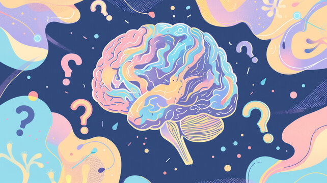 A flat vector illustration of a human brain with swirling neural pathways and glowing synapses, surrounded by playful question marks in soft pastel tones whimsical, conceptual, and modern.
