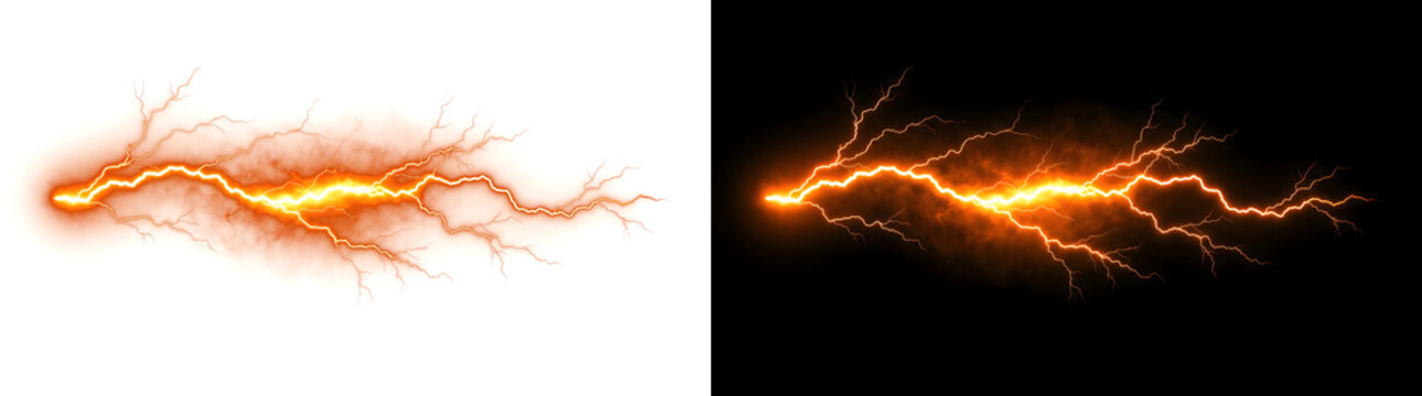 Orange electric lightning bolt crackles horizontally with branching jagged energy on black, ideal for storm effects in PNG, Transparent and Black Background Versions